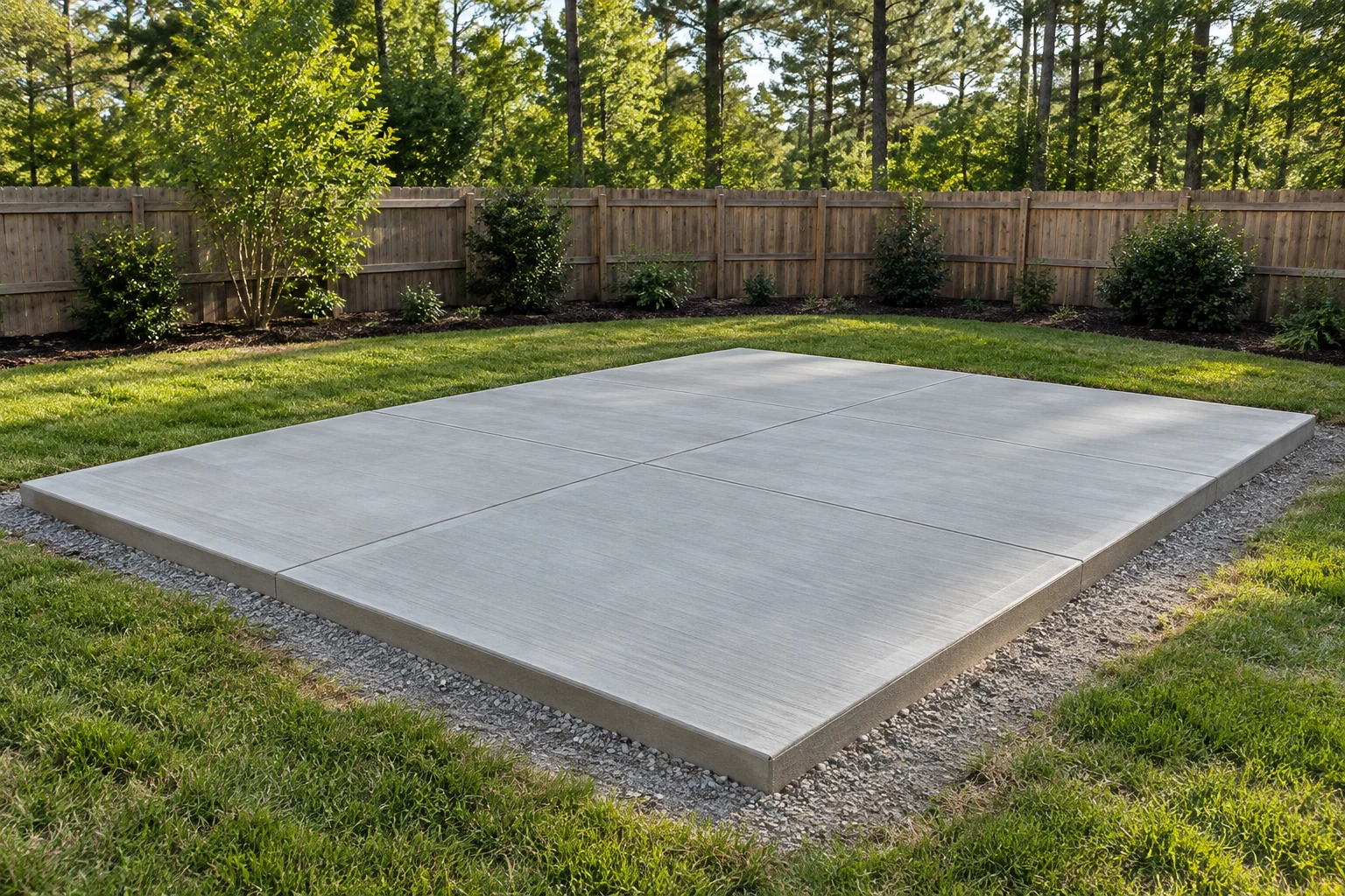 Rectangular plain concrete utility slab in a landscaped backyard