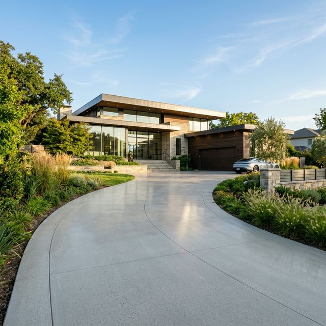 Curved concrete driveway leading to a modern upscale home