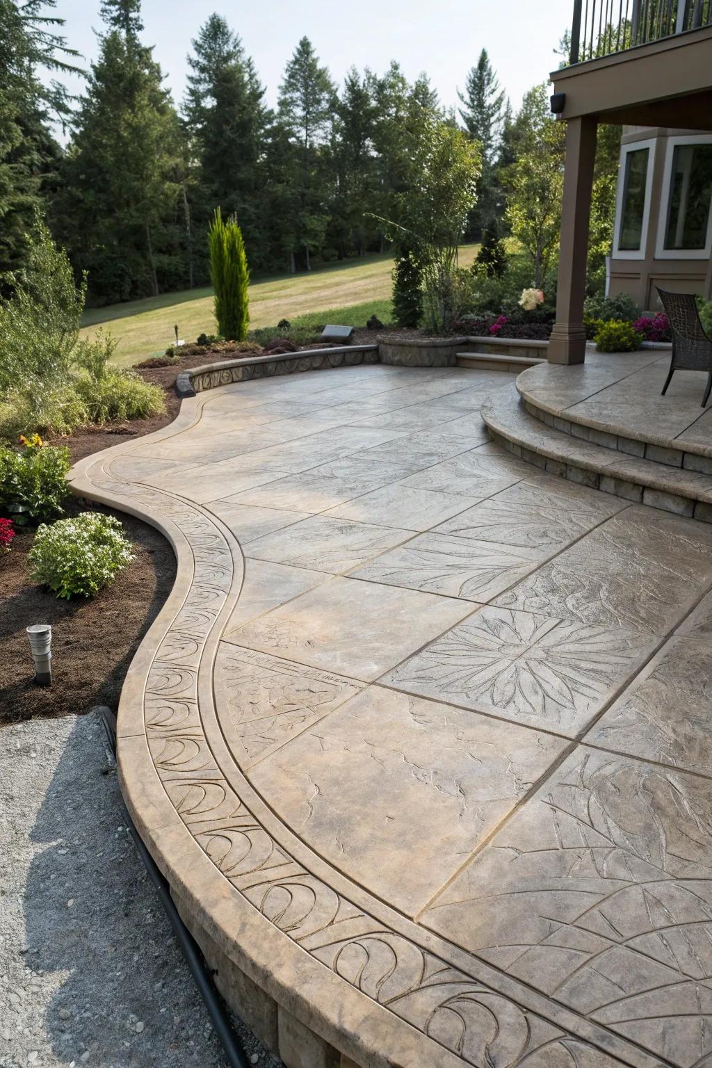 Decorative concrete patio with continuous imprinted patterns and border details