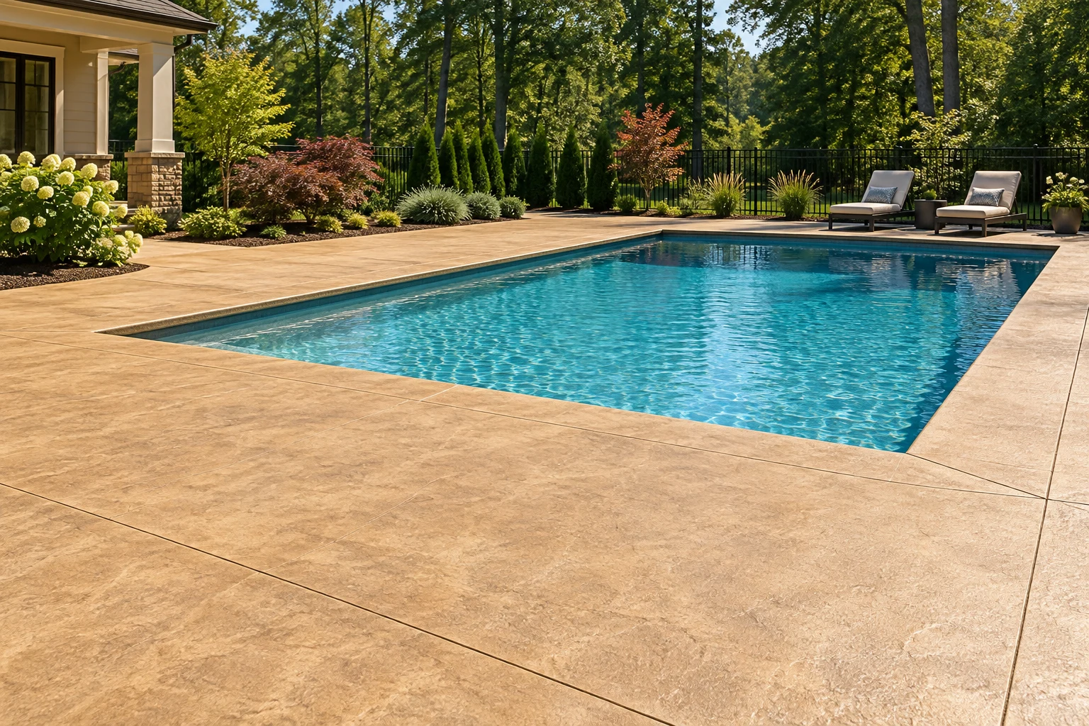 Continuous decorative poured concrete deck around a backyard swimming pool