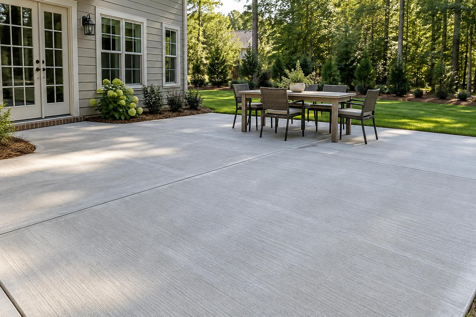 Plain concrete backyard patio with outdoor dining furniture
