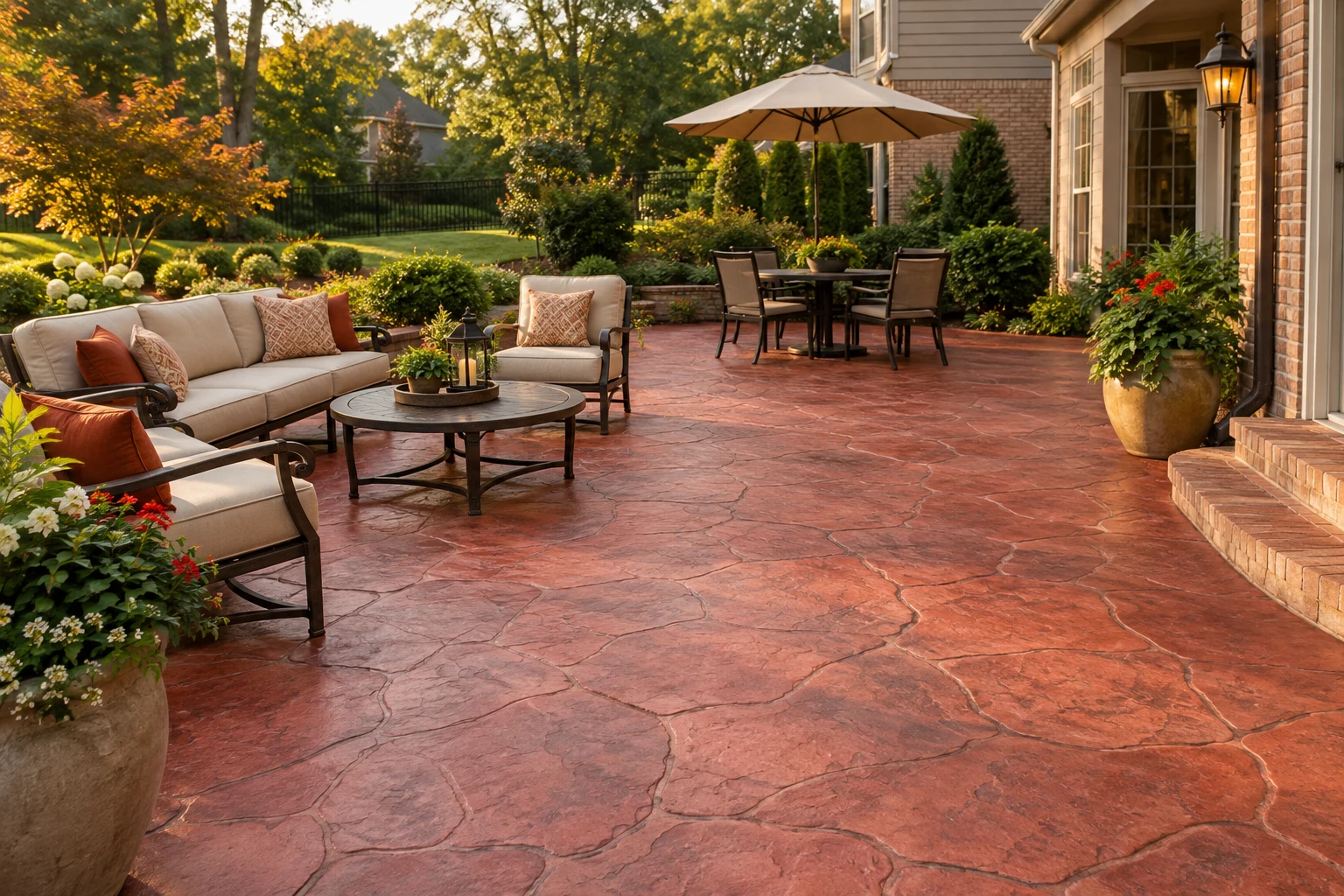 Warm terracotta stamped concrete patio with outdoor seating