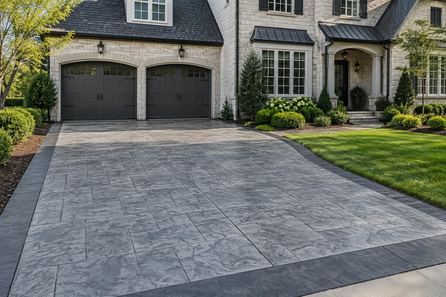 Charcoal-gray ashlar-stamped concrete driveway at a Sandy Springs style home