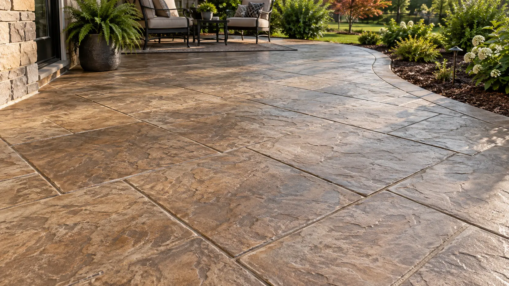 Warm ashlar-stamped concrete patio