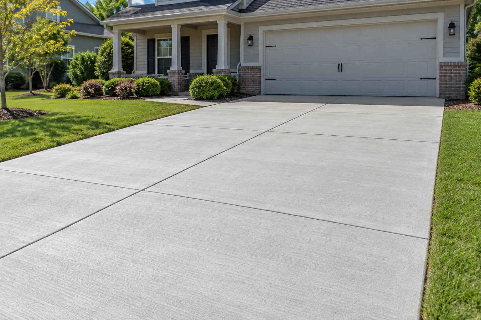 Plain gray broom-finished concrete driveway with straight control joints